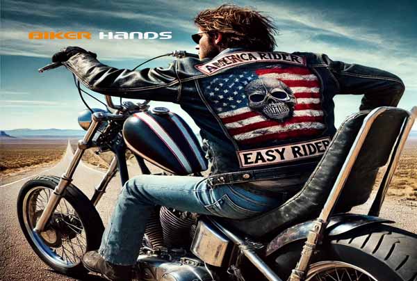 Easy Rider Wiatt ride with custom Harley Davidson and America flag jacket